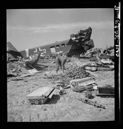 Untitled photo, possibly related to: Tunis, Tunisia. Wrecked German planes at El Aouiana airport