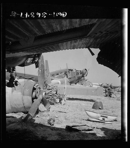 Tunis, Tunisia. Wrecked German planes at El Aouiana airport