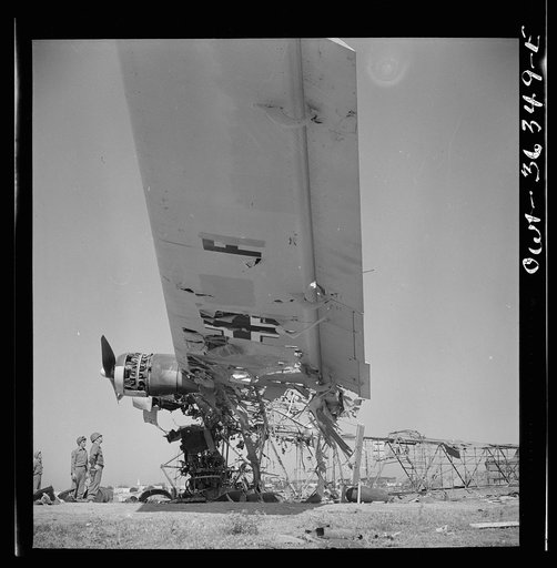 Tunis, Tunisia. Wreckage of a Messerschmitt 323 at El Aouiana airport. This six-engine troop transport, one of the largest planes made, was designed to carry 140 fully-equipped troops and was used by the Germans in their unsuccessful attempts to reinforce their army in Africa