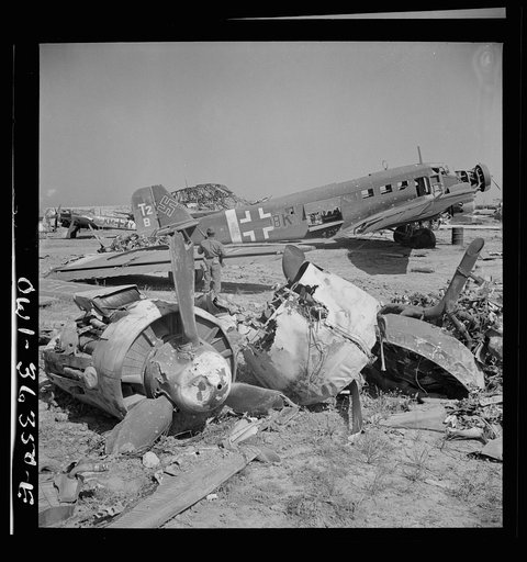 Tunis, Tunisia. Wrecked German planes at El Aouiana airport