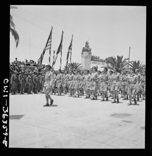 Untitled photo, possibly related to: Tunis, Tunisia. French troops passing the reviewing stand in the Allied victory parade along Avenue Gambetta as American planes fly overhead in a show of Allied might