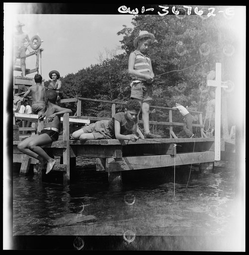 Southfields, New York. Interracial activities at Camp Nathan Hale, where children are aided by the Methodist Camp Service. Fishing is one of the popular activities