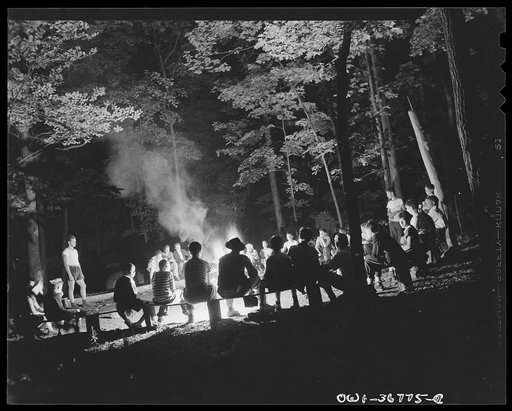 Southfields, New York. Interracial activities at camp Nathan Hale, where children are aided by the Methodist Camp Service. Campers of the Methodist Camp Service and other organizations, singing around the camp fire