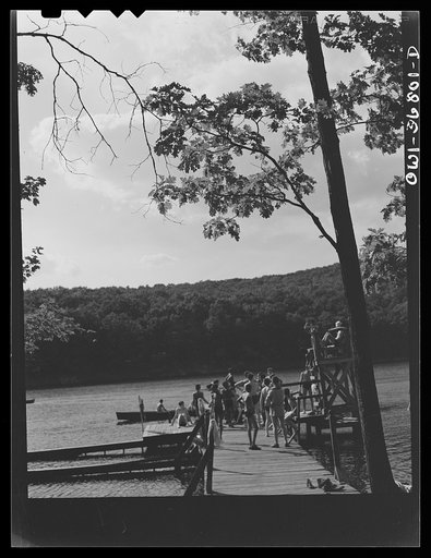 Southfields, New York. Interracial activities at Camp Nathan Hale, where children are aided by the Methodist Camp service. A swim before dusk