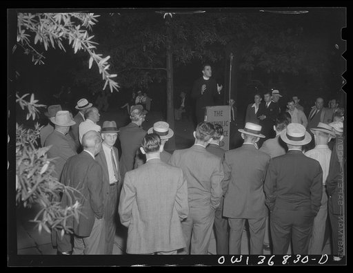 Untitled photo, possibly related to: Washington, D. C. Director of the USO (United Service Organizations) addressing a Catholic Evidence Guild rally in Franklin Park