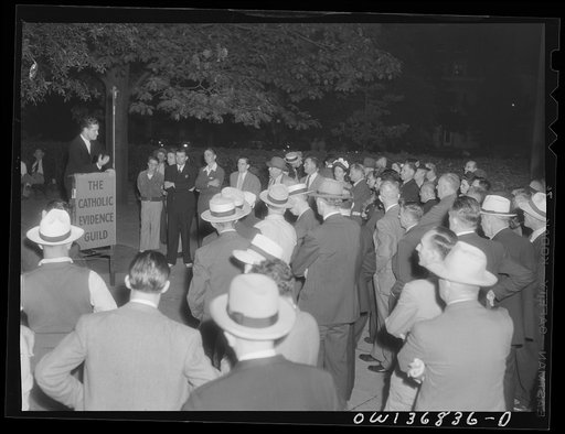 Washington, D. C. Seminarian from the Catholic University of America  addressing a Catholic Evidence Guild rally in Franklin Park