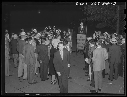 Untitled photo, possibly related to: Washington, D. C. Director of the USO (United Service Organizations) addressing a Catholic Evidence Guild rally in Franklin Park