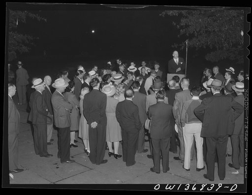 Untitled photo, possibly related to: Washington, D. C. Director of the USO (United Service Organizations) addressing a Catholic Evidence Guild rally in Franklin Park