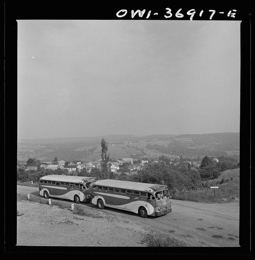 Two Greyhound buses on the way to Pittsburgh, Pennsylvania, from Washington, D.C.