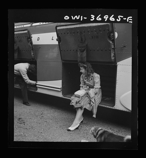 Untitled photo, possibly related to: A girl passenger sitting in a baggage compartment while she is waiting for the driver to finish unloading the bags from a Greyhound bus that broke down at a small town in Pennsylvania