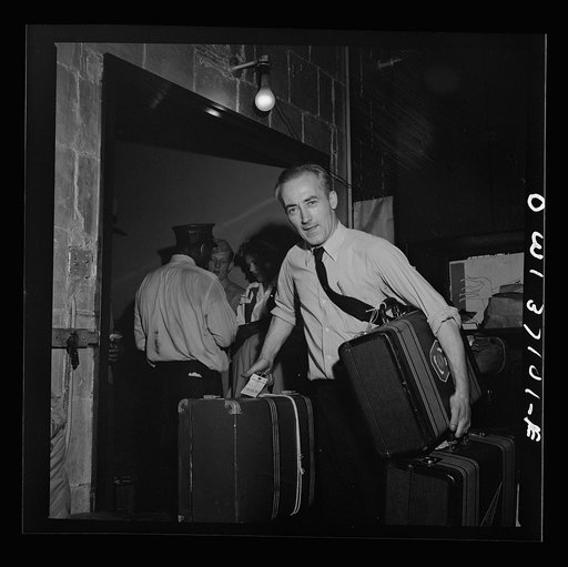 Untitled photo, possibly related to: Pittsburgh, Pennsylvania. Passengers checking their bags at the Greyhound bus terminal
