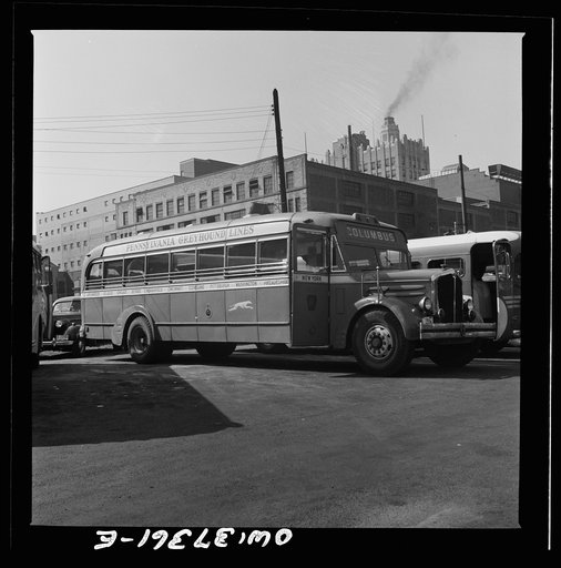 Columbus, Ohio. An old model bus, which would ordinarily have been scrapped but which are now rebuilt and used because of the shortage of buses, parked in Columbus