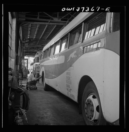 Columbus, Ohio. Working on a bus in the Greyhound garage