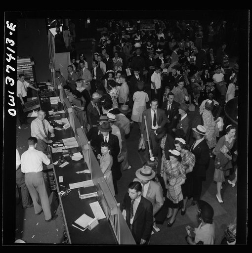 Untitled photo, possibly related to: Pittsburgh, Pennsylvania. A crowd buying tickets at the Greyhound bus terminal