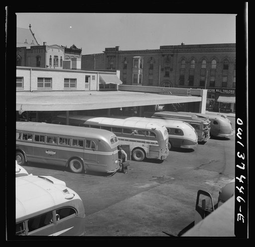 Untitled photo, possibly related to: Columbus, Ohio. Buses pulled up at the Greyhound station