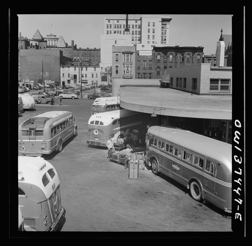 Untitled photo, possibly related to: Columbus, Ohio. Buses pulled up at the Greyhound station