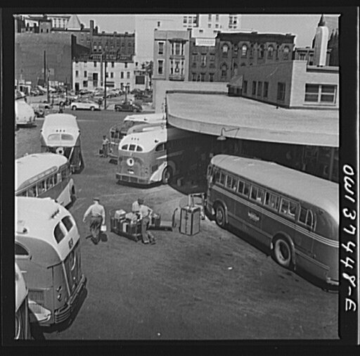 Columbus, Ohio. Buses pulled up at the Greyhound station