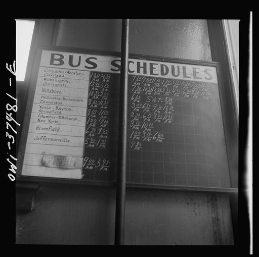 Untitled photo, possibly related to: Washington Court House, Ohio. Bus schedule at the depot