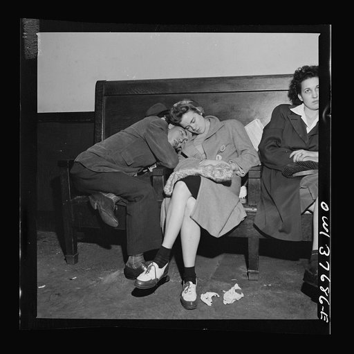 Chicago, Illinois. Passengers in the waiting room at the Greyhound bus terminal at five a.m.