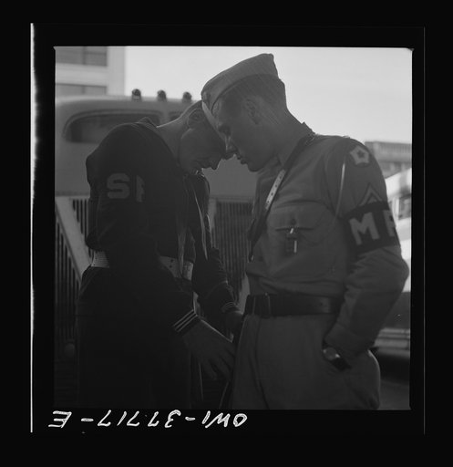 Indianapolis, Indiana. A shore patrol man and military policeman at the Greyhound bus terminal