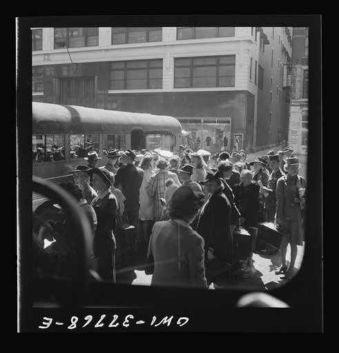 Indianapolis, Indiana. A bus being boarded by passengers at the Greyhound bus terminal