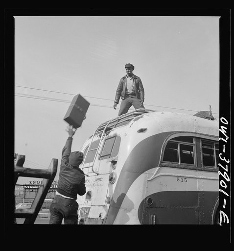 A Greyhound bus trip from Louisville, Kentucky, to Memphis, Tennessee, and the terminals. Loading a bus that carries baggage on the top. Chattanooga