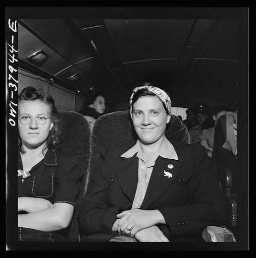 A Greyhound bus trip from Louisville, Kentucky, to Memphis, Tennessee, and the terminals. Sisters, returning from Detroit to their home in Tennessee. They left to get defense jobs but were sent back by employment agency. They don't know why, saying there were jobs but they were not allowed to take t