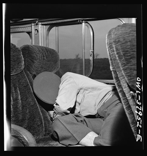 A Greyhound bus trip from Louisville, Kentucky, to Memphis, Tennessee, and the terminals. Sleeping soldier on Greyhound bus enroute from Louisville to Nashville