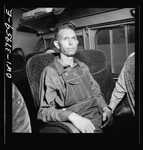A Greyhound bus trip from Louisville, Kentucky, to Memphis, Tennessee, and the terminals. This man went from Nashville to Ohio to get a defense job. Though manpower was being eagerly sought, he was told he must wait sixty days before going to work, so not being able to afford it, he is returning to 