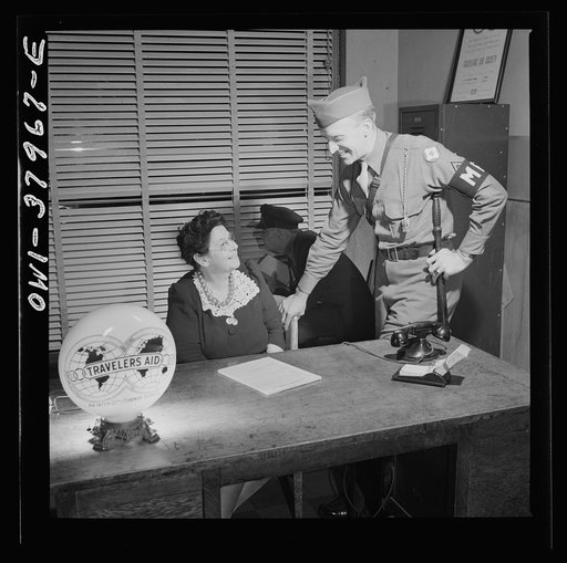 A Greyhound bus trip from Louisville, Kentucky, to Memphis, Tennessee, and the terminals. M.P. (Military Police) at travelers' aid desk in Memphis bus terminal