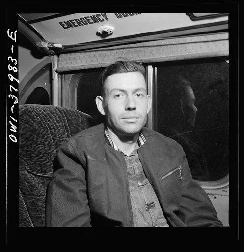 A Greyhound bus trip from Louisville, Kentucky, to Memphis, Tennessee, and the terminals. Man returning to Tennessee from his second trip to Ohio to get a defense job