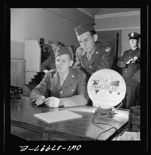 A Greyhound bus trip from Louisville, Kentucky, to Memphis, Tennessee, and the terminals. At travelers' aid desk in the bus terminal at Memphis, Tennessee. Servicemen ask for help in finding rooms, quickest route to get home, etc.