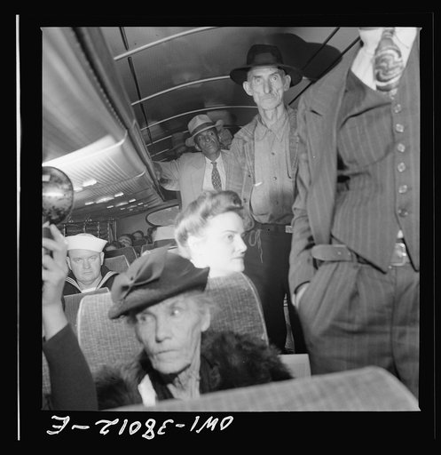 A Greyhound bus trip from Louisville, Kentucky, to Memphis, Tennessee, and the terminals. Passengers standing in aisles on Memphis-Chattanooga Greyhound bus