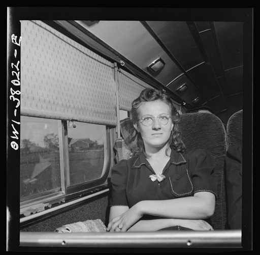 A Greyhound bus trip from Louisville, Kentucky, to Memphis, Tennessee, and the terminals. Girl returning to her home in Tennessee from Detroit where she went to look for a defense job. She was told she must have a release and came back. On a bus from Louisville to Nashville