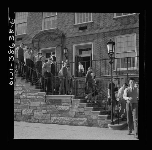 Washington, D.C. Leaving the school building during a fire drill at Woodrow Wilson High School
