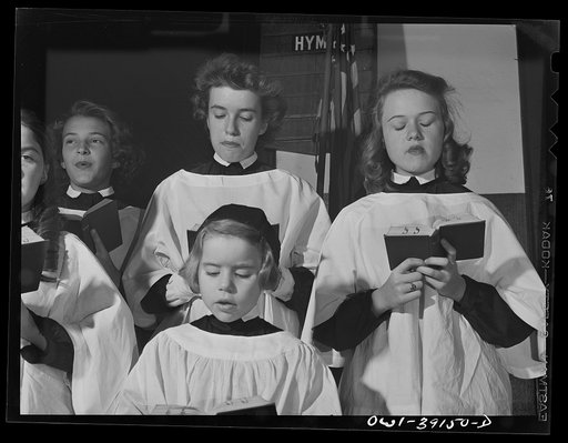 Washington, D.C. Sally Dessez, a student at Woodrow Wilson High School, singing in the children's choir at her church