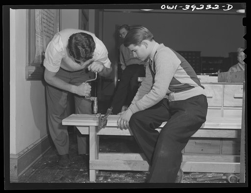 Washington, D.C. Wood shop students making a bench at Woodrow Wilson High School