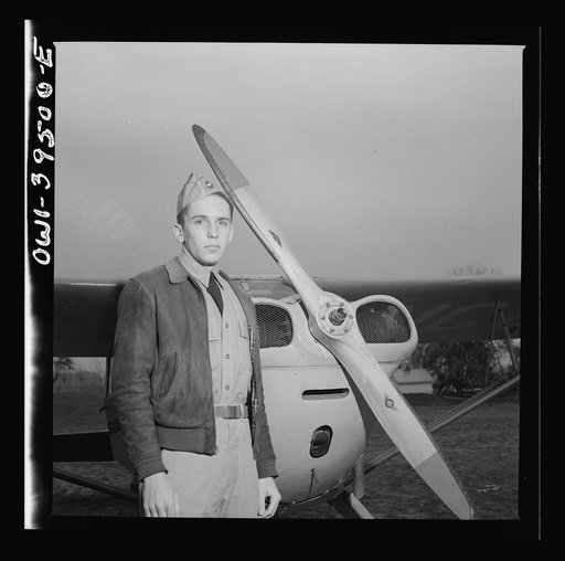Untitled photo, possibly related to: Frederick, Maryland. Walter Spangenberg, a student at Woodrow Wilson High School, in his Civil Air Patrol uniform at the Stevens Airport where he takes flying lessons