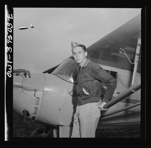 Frederick, Maryland. Walter Spangenberg, a student at Woodrow Wilson High School, in his Civil Air Patrol uniform at the Stevens Airport where he takes flying lessons