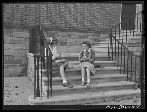 Washington, D.C. Sally Dessez eating lunch with a friend. They bring sandwiches from home and weather permitting, eat on the steps of the Woodrow Wilson High School