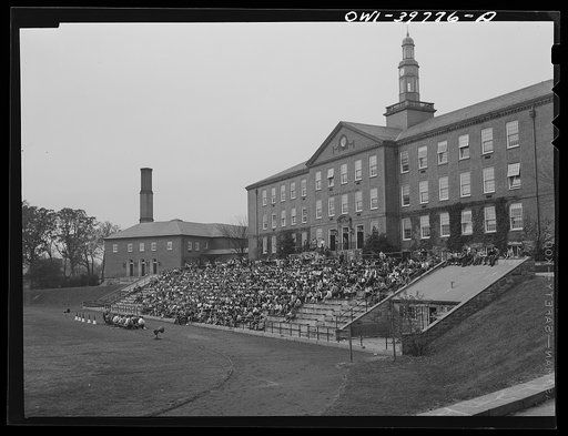 Untitled photo, possibly related to: Washington, D.C. A pep assembly held in front of the Woodrow Wilson High School on the day before a football game