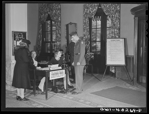 Washington, D.C. Civilian visitors to the United Nations service center must get a pass at this desk in the front lobby