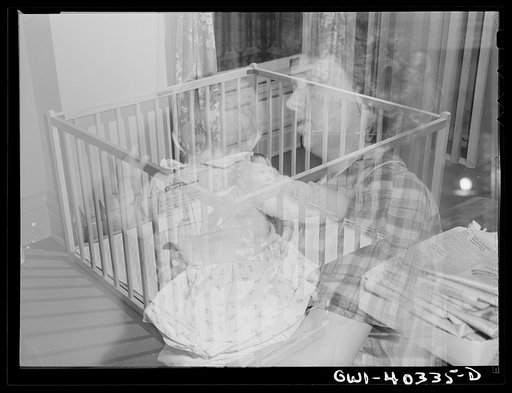 Untitled photo, possibly related to: Washington, D.C. The child of a United States Army officer being cared for in the nursery at the United Nations service center while her parents spend the day shopping