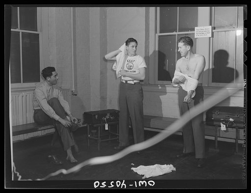 Untitled photo, possibly related to: Washington, D.C. Without engaging a hotel room, traveling servicemen may take a shower, shave, and wash and iron clothes at the United Nations service center