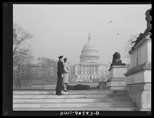 Washington, D.C. Hugh and Lynn Massman sightseeing on their first day in Washington. Their baby is being taken care of in the nursery at the United Nations Service Center