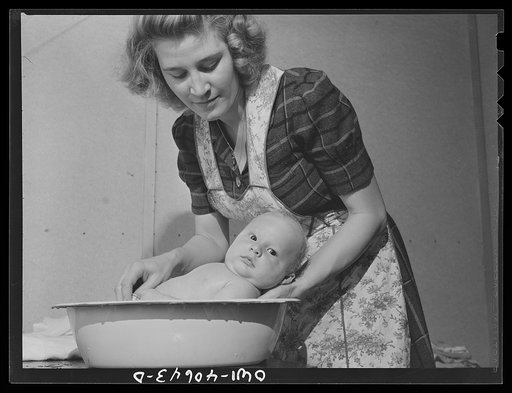 Washington, D.C. Lynn Massman, wife of a second class petty officer studying in Washington, D.C. giving eight weeks old Joey his daily bath
