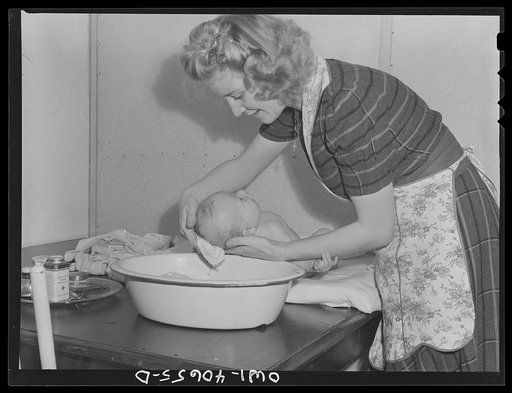 Washington, D.C. Lynn Massman, wife of a second class petty officer who is studying in Washington, D.C., giving eight weeks old Joey his daily bath