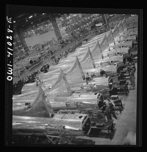 Untitled photo, possibly related to: Boeing aircraft plant, Seattle, Washington. Production of B-17F (Flying Fortress) bombing planes. Tail section of B-17F (Flying Fortress) bombers