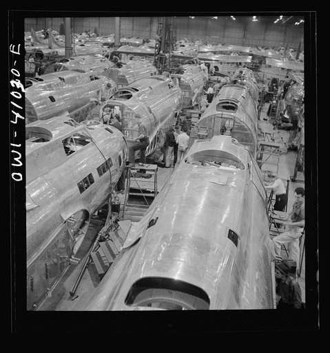 Untitled photo, possibly related to: Boeing aircraft plant, Seattle, Washington. Production of B-17F (Flying Fortress) bombing planes. Fuselage sections