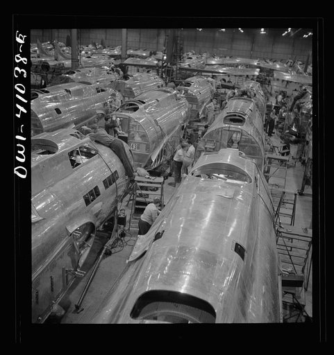 Boeing aircraft plant, Seattle, Washington. Production of B-17 F (Flying Fortress) bombing planes. Fuselage sections